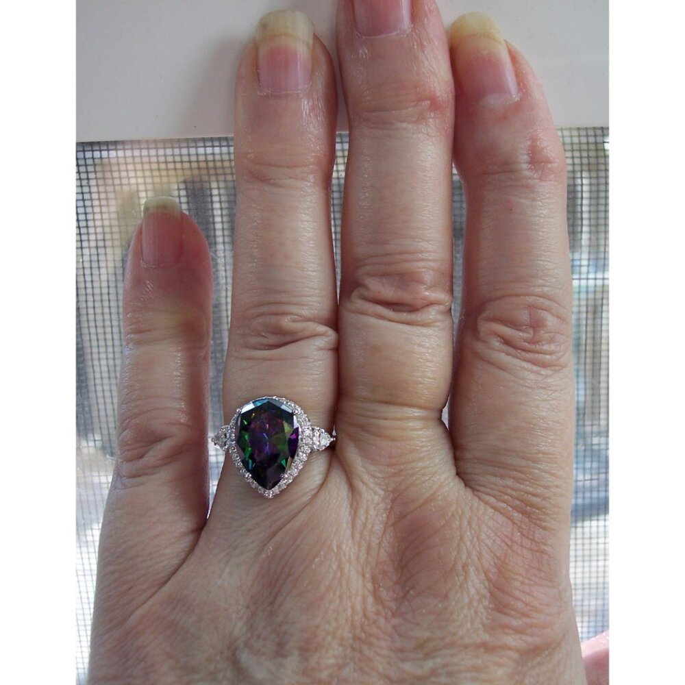925 Sterling Silver Simulated Mystic Rainbow Topaz CZ Pear Cut Halo Ring - Picture 12 of 16